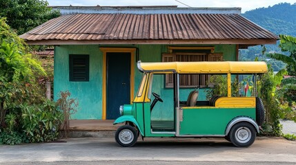 A vibrant green and yellow tuk-tuk parked in front of a rustic teal house.