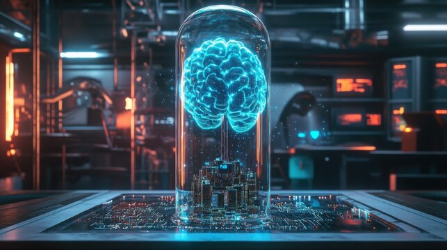 Bubbling neon blue liquid and a brain made of circuit boards with neural connections through led lights inside of it, a futuristic scientific laboratory in the background.