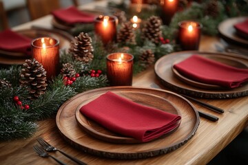 Elegant holiday dining table set with red napkins and candles. Generative AI