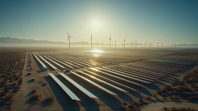 A vast solar farm stretching across the desert, with rows of shimmering panels reflecting the bright sunlight, while technicians in hard hats and safety vests inspect the installations. In the 