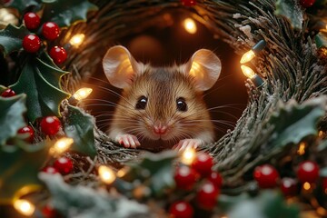 Cute mouse peeking through a Christmas wreath with lights and holly decorations. Generative AI