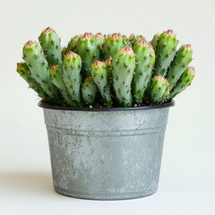 Green cactus in a metal pot.