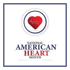American heart month. Vector banner for social media. Illustration with text American heart month 2025. The U.S. flag in the shape of a heart