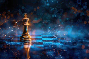 A golden chess king piece stands prominently against a backdrop of shimmering lights, symbolizing strategy and victory in the game of chess.