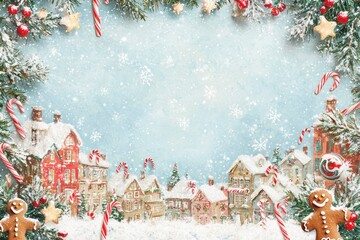 Impressionistic Christmas Frame with Snowy Background Featuring Gingerbread Men, Candy Canes, and Festive Decorations Surrounding a Charming Winter Village Scene