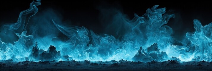 Abstract panoramic view of blue flames burning on dark ground.