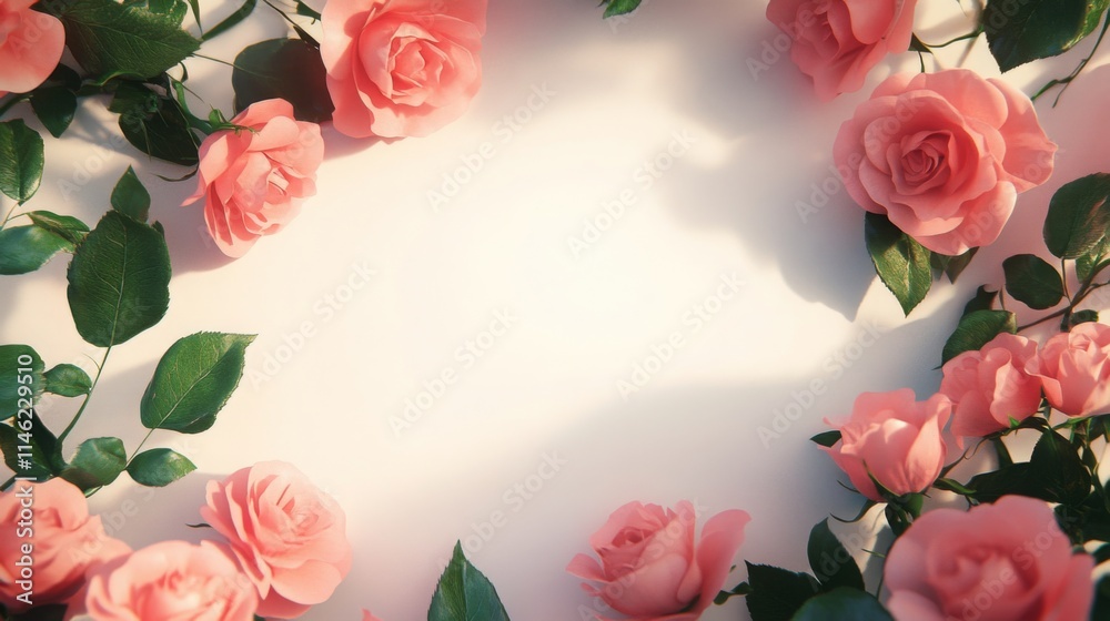Poster a collection of delicate pink roses and green leaves arranged in a circular formation surrounding a 