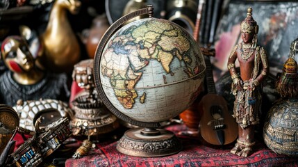 Antique globe surrounded by vintage artifacts and collectibles on a textured surface.