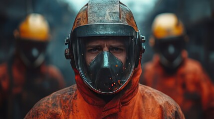 Fototapeta premium Close-up of a firefighter's face, covered in soot and wearing protective gear, during a rescue operation.