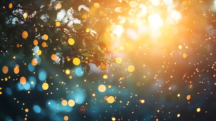 Blurred abstract photograph of radiant light burst filtering through lush trees, enhanced with sparkling golden bokeh lights and glitter effects, creating a magical and ethereal natural scene