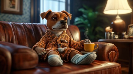 Cartoon dog in pajamas enjoys coffee on a leather couch in a cozy room.