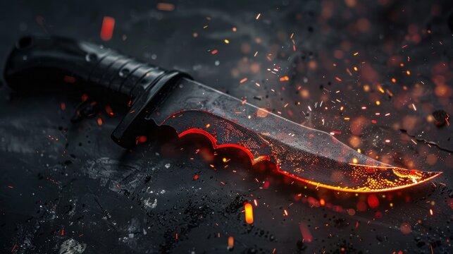 A Keris Knife with a black carbon holder, black blade and red tip on a dark background,