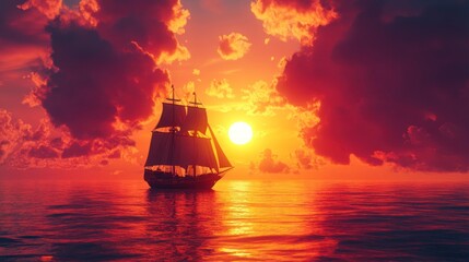 Obraz premium A ship sails across a tranquil sea during a vibrant sunset, reflecting serene beauty.