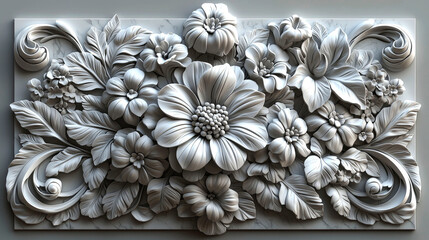 Intricate 3D floral bas-relief carving.