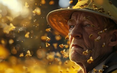 A senior beekeeper is surrounded by bees in a field, with the sun shining behind him.