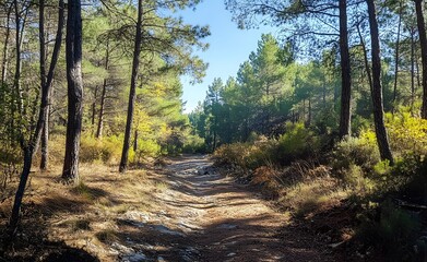 Obraz premium Beautiful forest landscape with trees and sunlight in autumn, a sunny day in the pine woods. Great for a background or wallpaper.