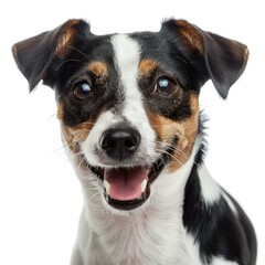 Headshot of a jack russell terrier panting and smiling on white background