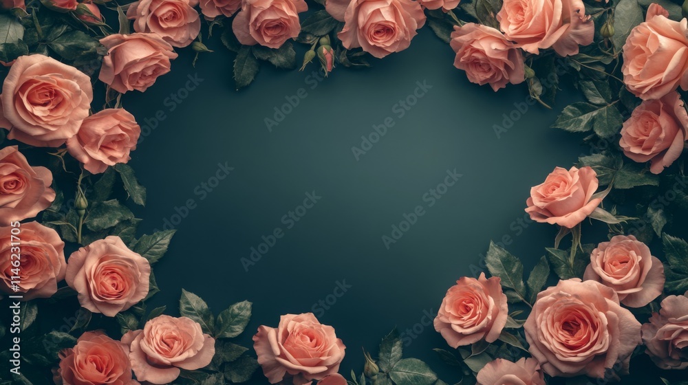 Poster delicate pink roses are arranged in a circular pattern on a dark blue backdrop. the flowers showcase