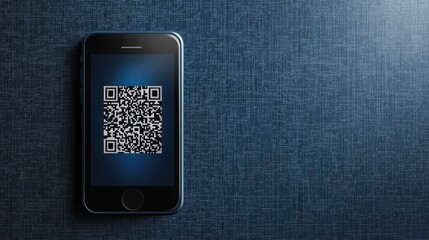 A smartphone displaying a QR code on a textured blue background, symbolizing digital connectivity and modern technology.