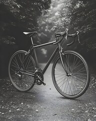 Obraz premium A sleek black road bike stands prominently on a damp, winding trail surrounded by dense greenery, capturing a serene and moody atmosphere.