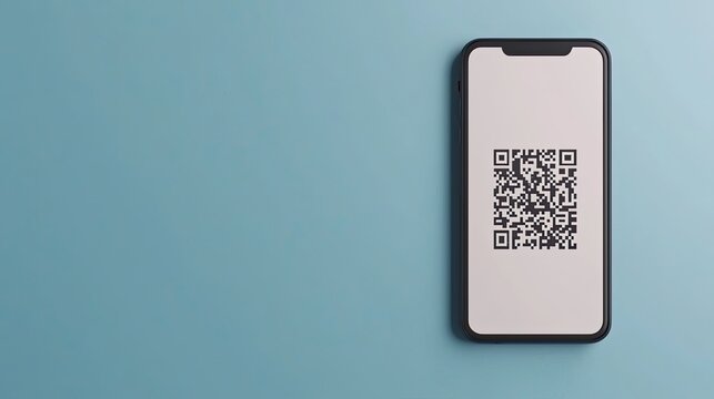 A smartphone displays a QR code on a light blue background, indicating a digital connection or information access.