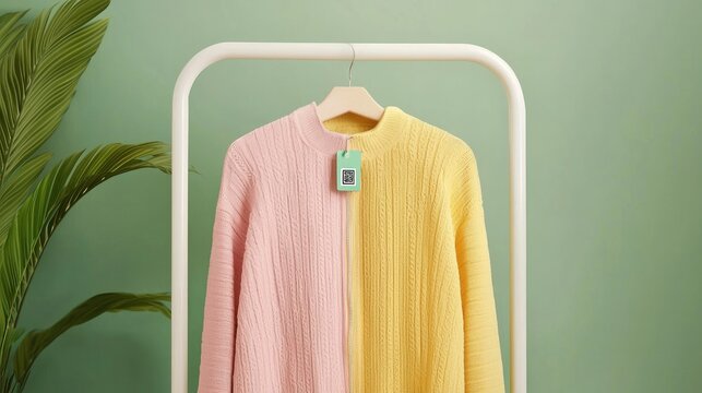 A vibrant, two-tone cardigan hangs on a rack against a pastel green background, showcasing its stylish pink and yellow colors.