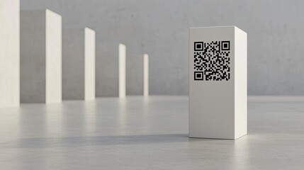 A modern display featuring a QR code on a pedestal, surrounded by minimalist columns, emphasizing technology and design.