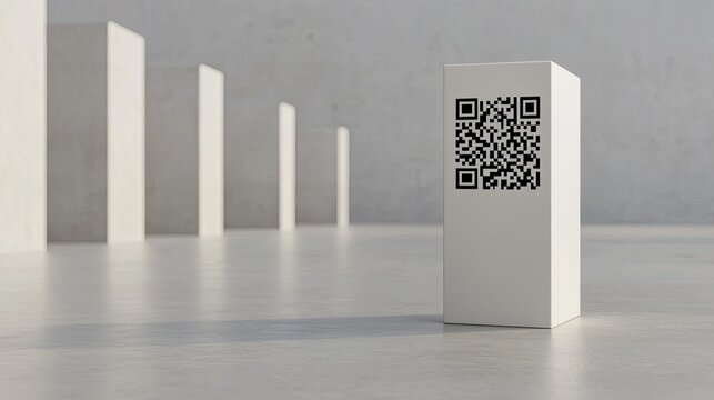 A modern display featuring a QR code on a pedestal, surrounded by minimalist columns, emphasizing technology and design.
