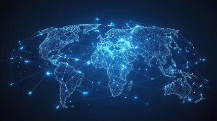 A digital representation of a connected world map with network lines and nodes.