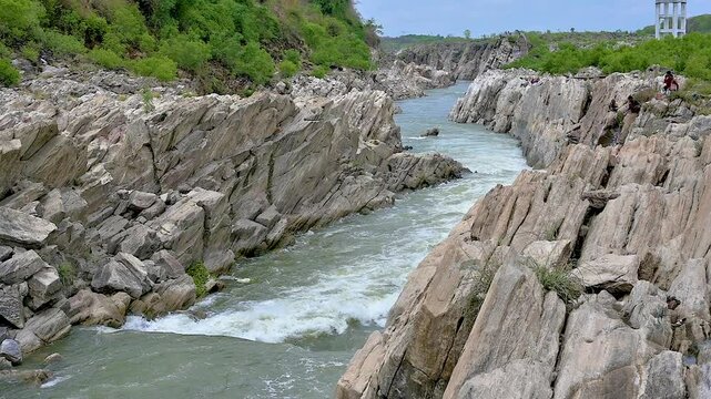 The Dhuandhar water falls at the Narmada river in Bhedaghat, Jabalpur, Madhya Pradesh, India.