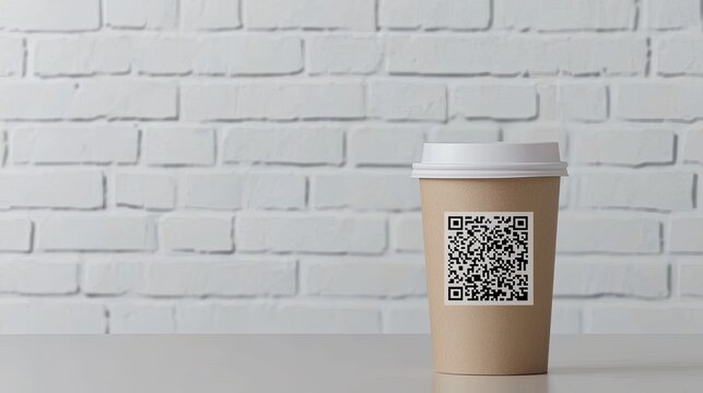 A coffee cup with a QR code sits on a table against a light brick wall, blending modern technology with a simple, minimalist design.