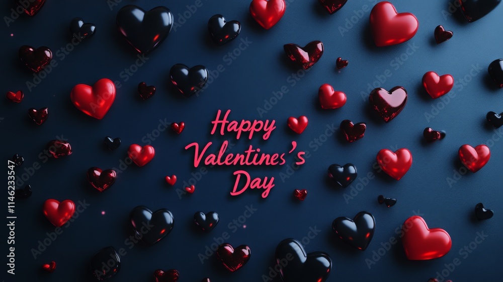 Poster A vibrant assortment of red and black hearts are scattered across a dark surface, with the message wishing a happy Valentine's Day prominently displayed among them, creating a festive atmosphere.