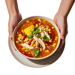 Homemade Mexican Chicken Pozole Soup on transparent background