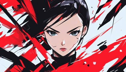 Cyberpunk girl with scars showing fierce determination with red and black paint strokes