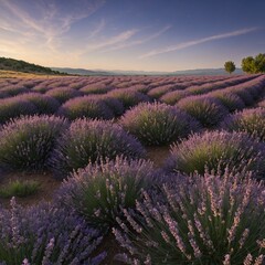 Obraz premium A tranquil meadow with lavender fields stretching to the horizon.