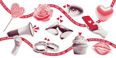 Collage elements for Valentine's Day cut from paper with halftone effect. Trendy vintage sticker for card, banner, background.