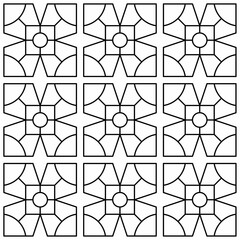 Seamless black and white geometric pattern consisting of symmetrical shapes in a grid layout. Suitable for backgrounds, textiles and various creative projects.