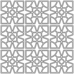 Seamless black and white geometric pattern consisting of symmetrical shapes in a grid layout. Suitable for backgrounds, textiles and various creative projects.