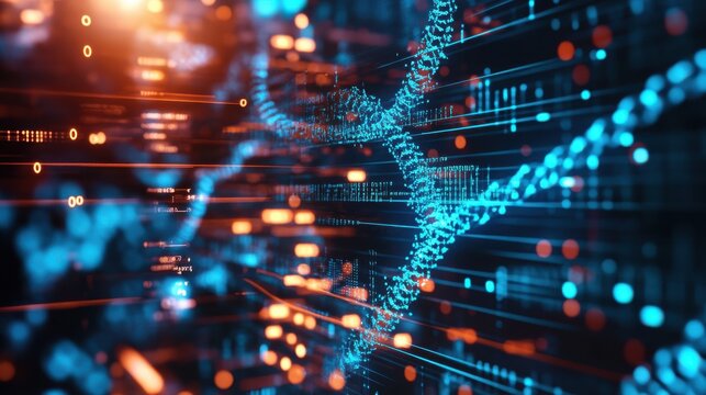 Abstract glowing circuit AI hologram with dna on blurry background. AI and science concept. Double exposure