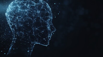Abstract polygonal head outline on dark backdrop with mock up place. AI and human mind concept. 3D Rendering