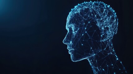 Abstract polygonal head outline on dark background with mock up place. AI and human mind concept. 3D Rendering