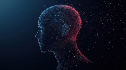 Abstract polygonal head outline on dark background with mock up place. AI and human mind concept. 3D Rendering