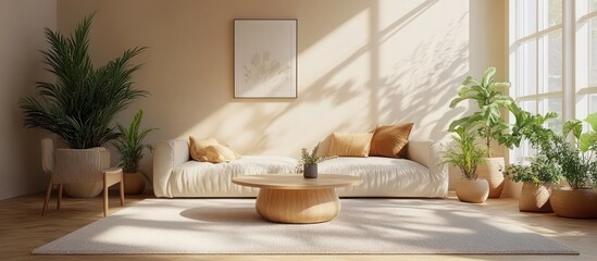 Cozy living room with natural light, plants, and neutral tones for relaxation and comfort.