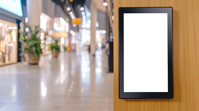 A digital display board is mounted on a wooden wall inside a shopping mall, with a blurred view of shops in the background.