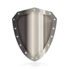 Metallic shield with riveted border on white background.