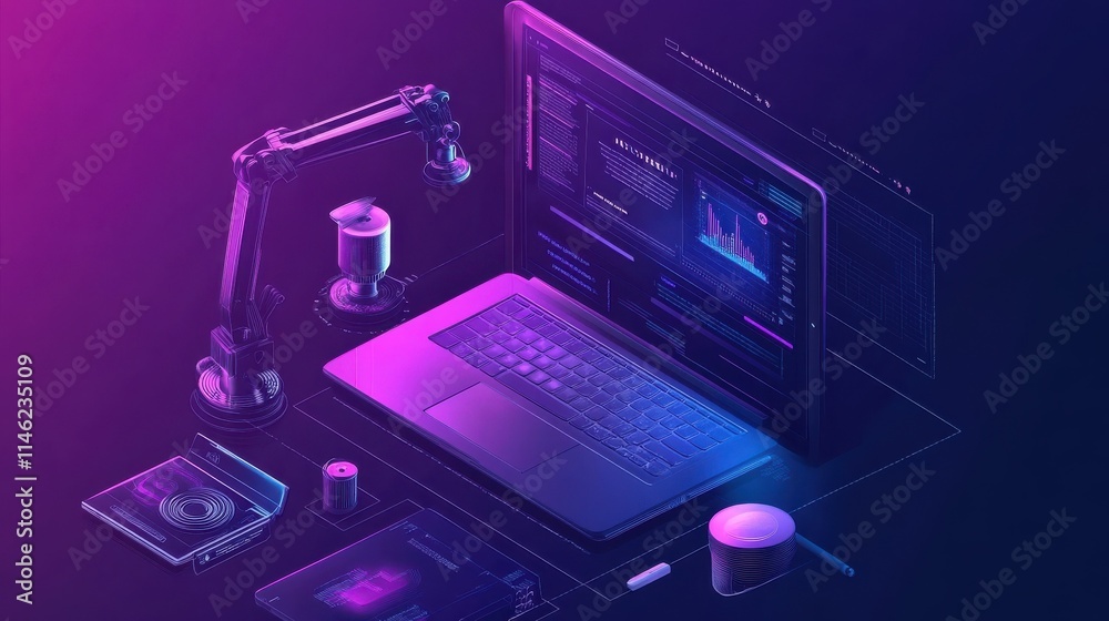 Poster analyst working at laptop with automation process. business process automation, business process wor