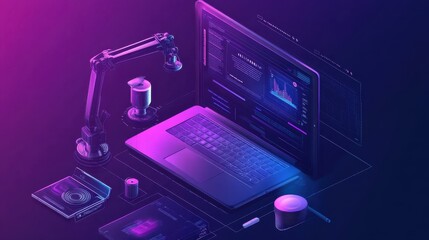 Analyst working at laptop with automation process. Business process automation, business process workflow, automated business system concept. Website vibrant violet landing web page template.