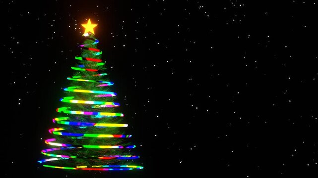 Colorful Christmas tree spinning star rotating ribbon falling sparkling twinkling snowfall snowflake screensaver motion graphics animation visualizer
