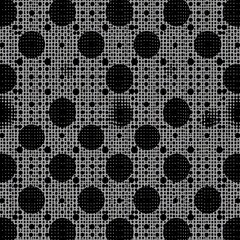 Abstract Polka Dot Grid:  A seamless pattern of overlapping black polka dots on a subtle, distressed white grid background. Modern, geometric, and visually engaging.