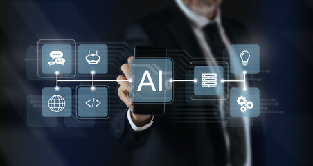 Man using Artificial Intelligence. Enter prompt for generate with AI. Futuristic technology concept.